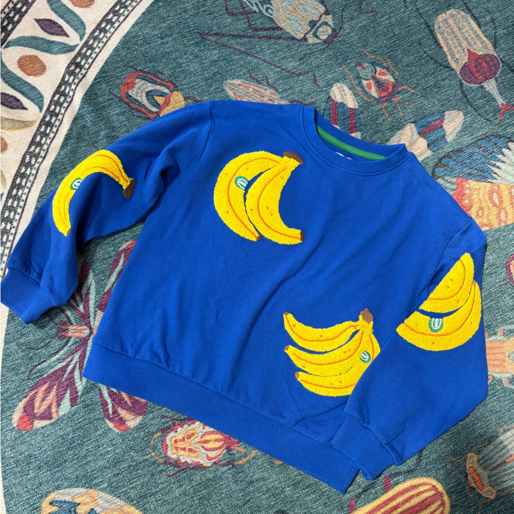 Nwot Mini Boden Blue Sweatshirt with Yellow Banana Patches 9/10